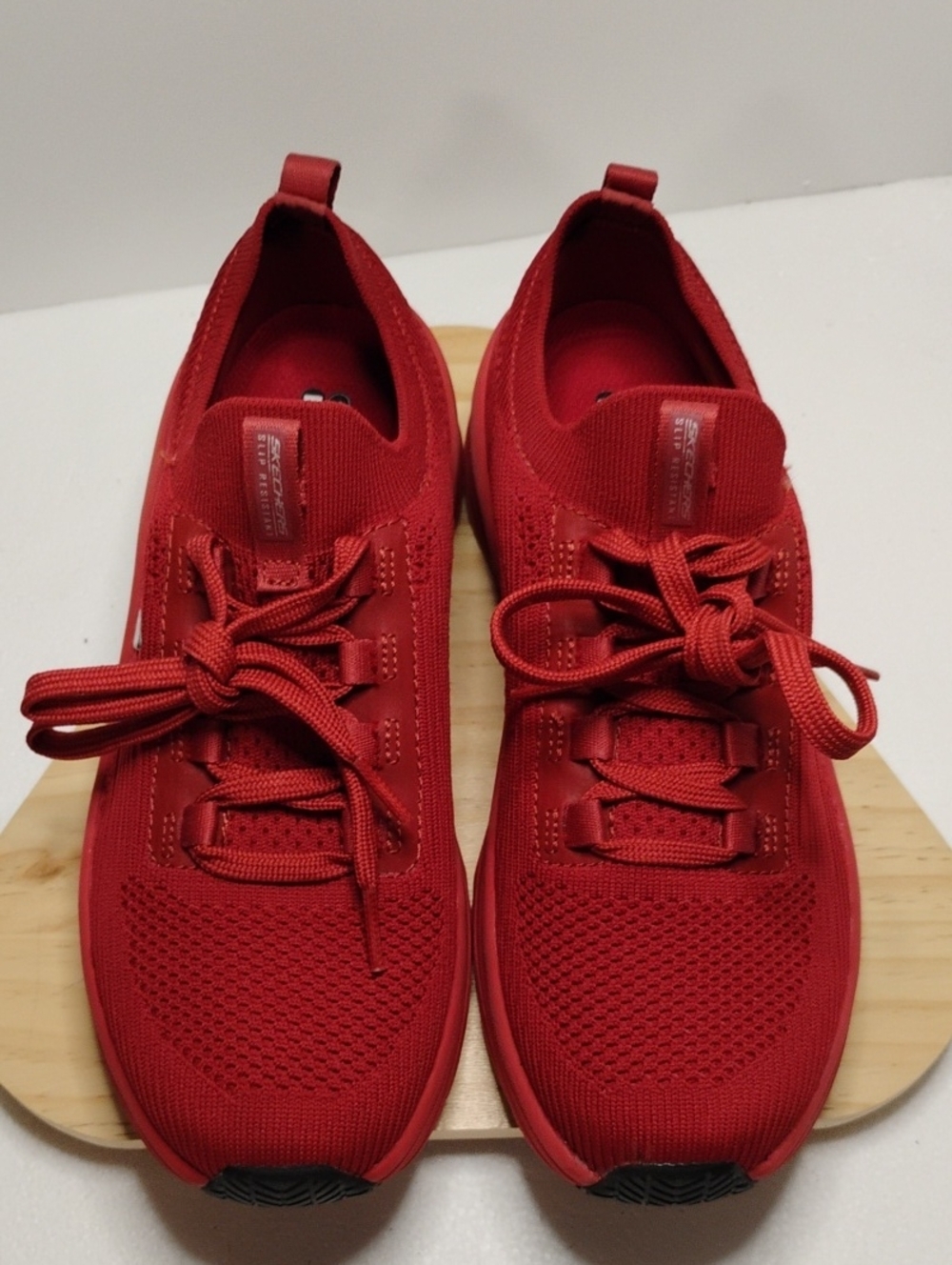 Skechers Women's Red Knit Lace-Up Sneakers For Work Or Anywhere.